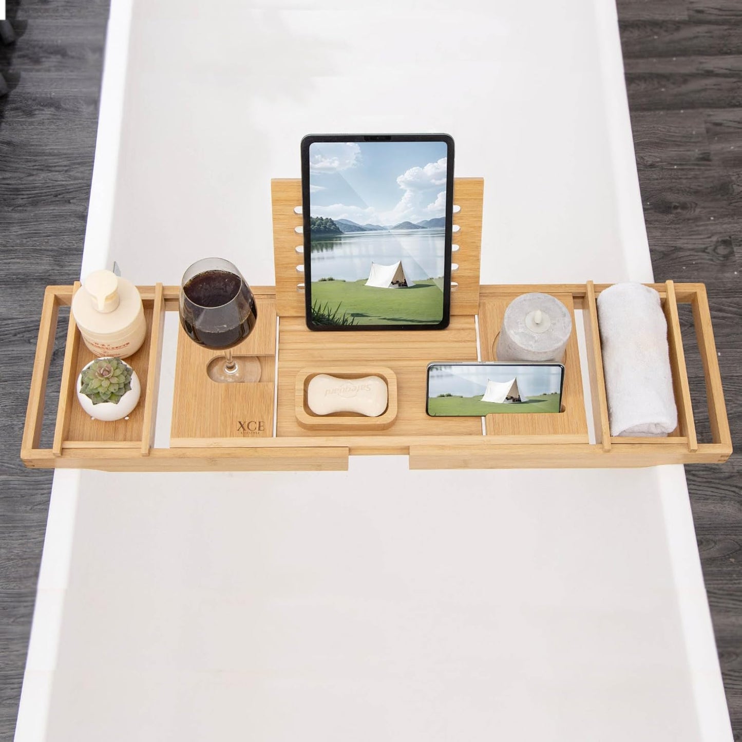 Xce Bamboo Bathtub Caddy Tray - Expandable to 41 Inches with Book Stand, Soap Holder & Anti-Slip Pads for Luxury Bath Spa, Natural