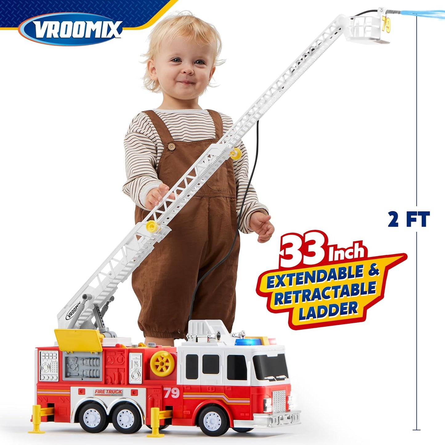 JOYIN Extra Large 33-Inch Ladder Fire Truck Toy and 25 in 1 Construction Truck Vehicle Toy Set, Play Vehicles Set with Sounds and Lights in Carrier Truck, Push and Go Vehicle Car Toy