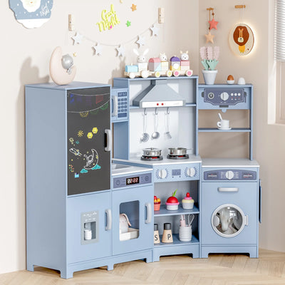 Arlopu Kids Corner Play Kitchen, Ultimate Interactive Wooden Kitchen Playset with Lights & Sounds, Cooking Toy Set with Stove, Range Hood, Sink, Faucet, Ice Maker & Washing Machine
