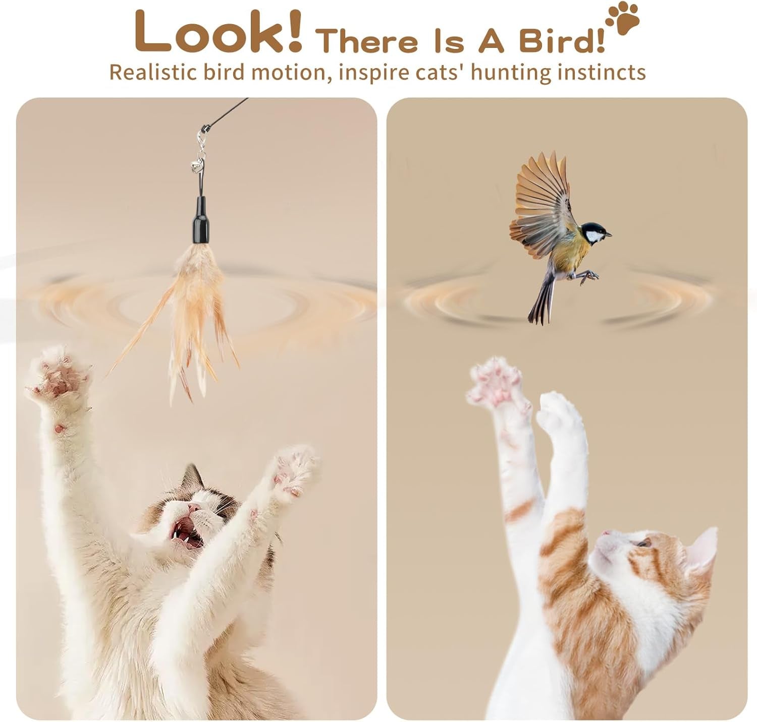 Pawaboo Feather Teaser Cat Toy - Interactive Wand with Extra Long 34.5" Wand and Small Bell, Fun Exerciser Playing Toy for Kittens or Cats, Brown Feather