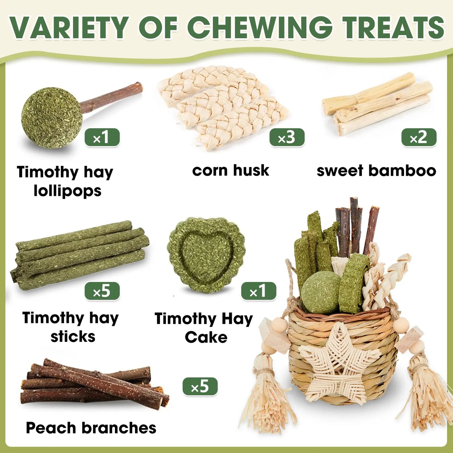 Rabbit Chew Toys, Reed Grass Hanging Basket Chews, Woven Bunny Chewing Timothy Cake Wood Treats for Small Pets