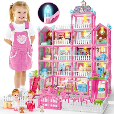 Joystone Doll House for Girls, 5-Story 19 Rooms Huge Dollhouse Playset with LED Lights, 2 Dolls, Furnitures, Accessories, DIY Pretend Play House Toys Gifts for Kids, Pink