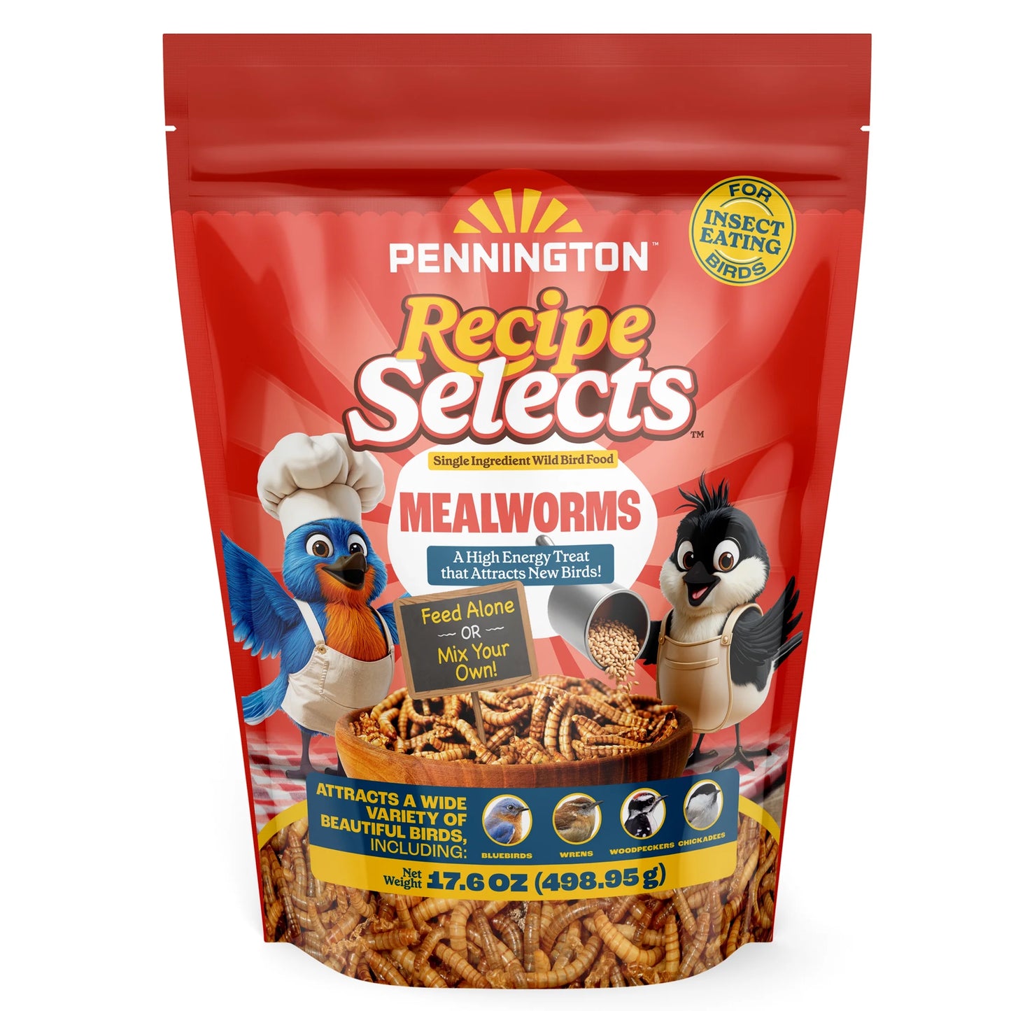 (4 Pack) Pennington Recipe Selects Dried Mealworms for Birds, Bluebird and Wild Bird Food for outside Feeder, 17.6 Oz Bag, 1 Pack