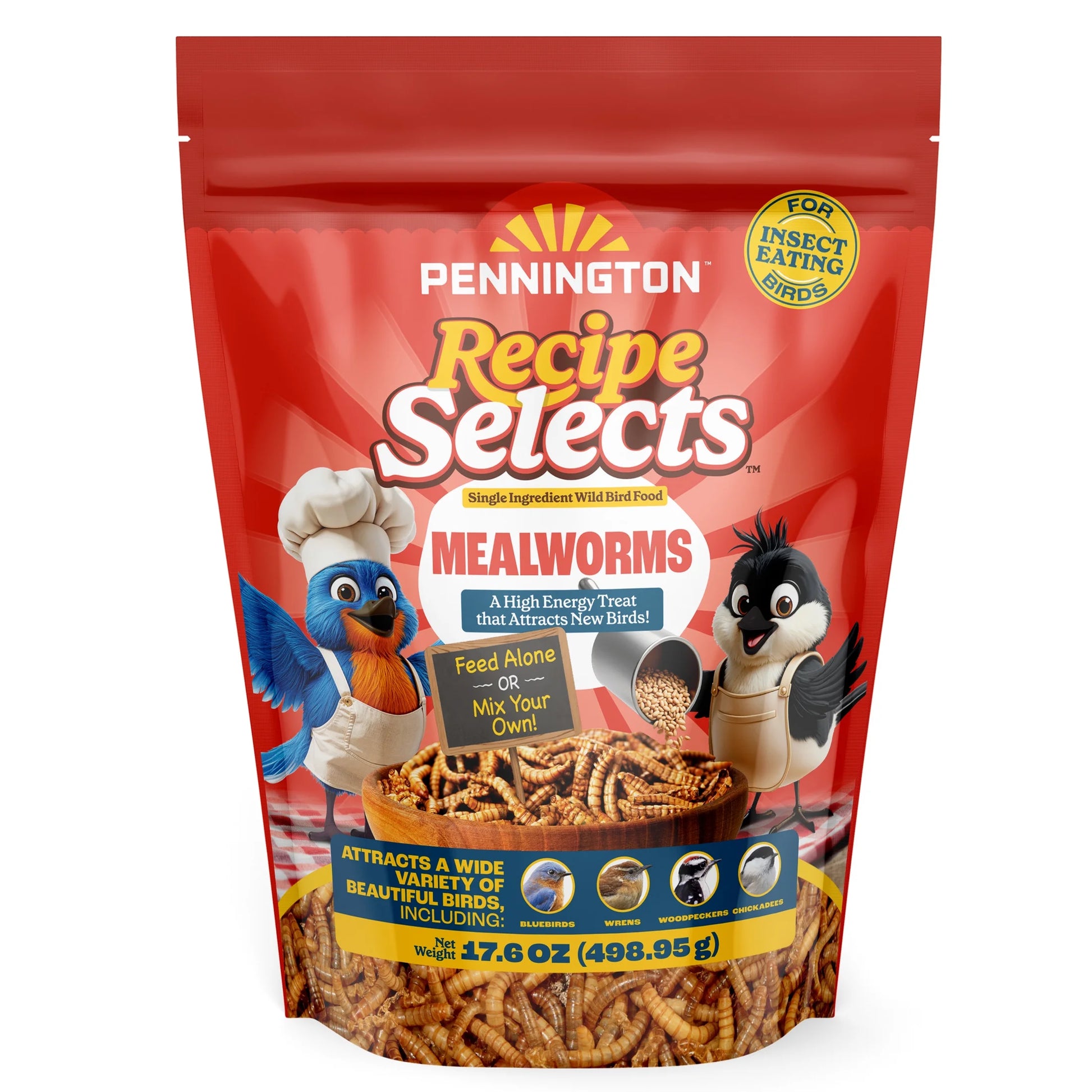 (4 Pack) Pennington Recipe Selects Dried Mealworms for Birds, Bluebird and Wild Bird Food for outside Feeder, 17.6 Oz Bag, 1 Pack