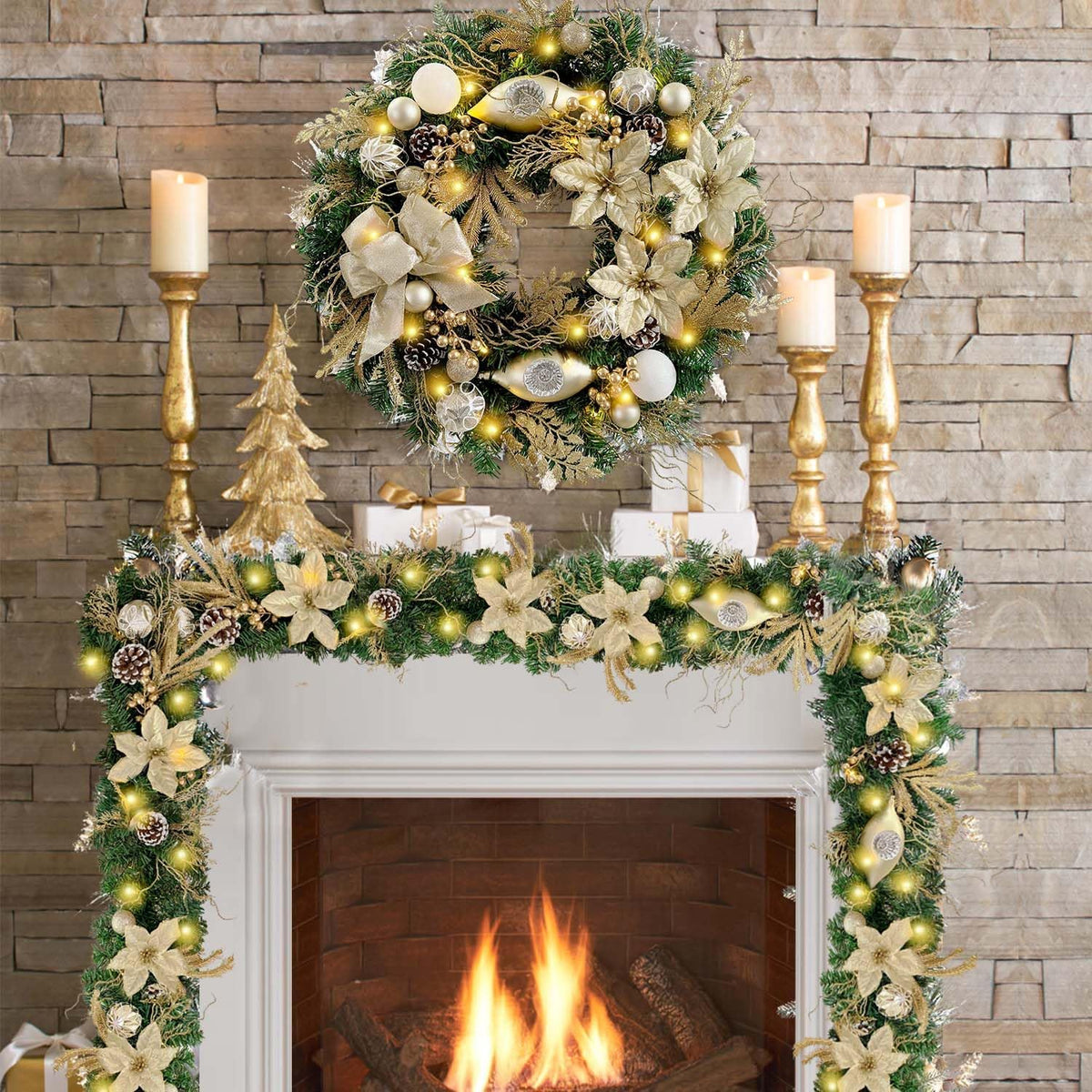 WANNA-CUL Pre-Lit 24 Inch Champagne Gold Christmas Wreath for Front Door
