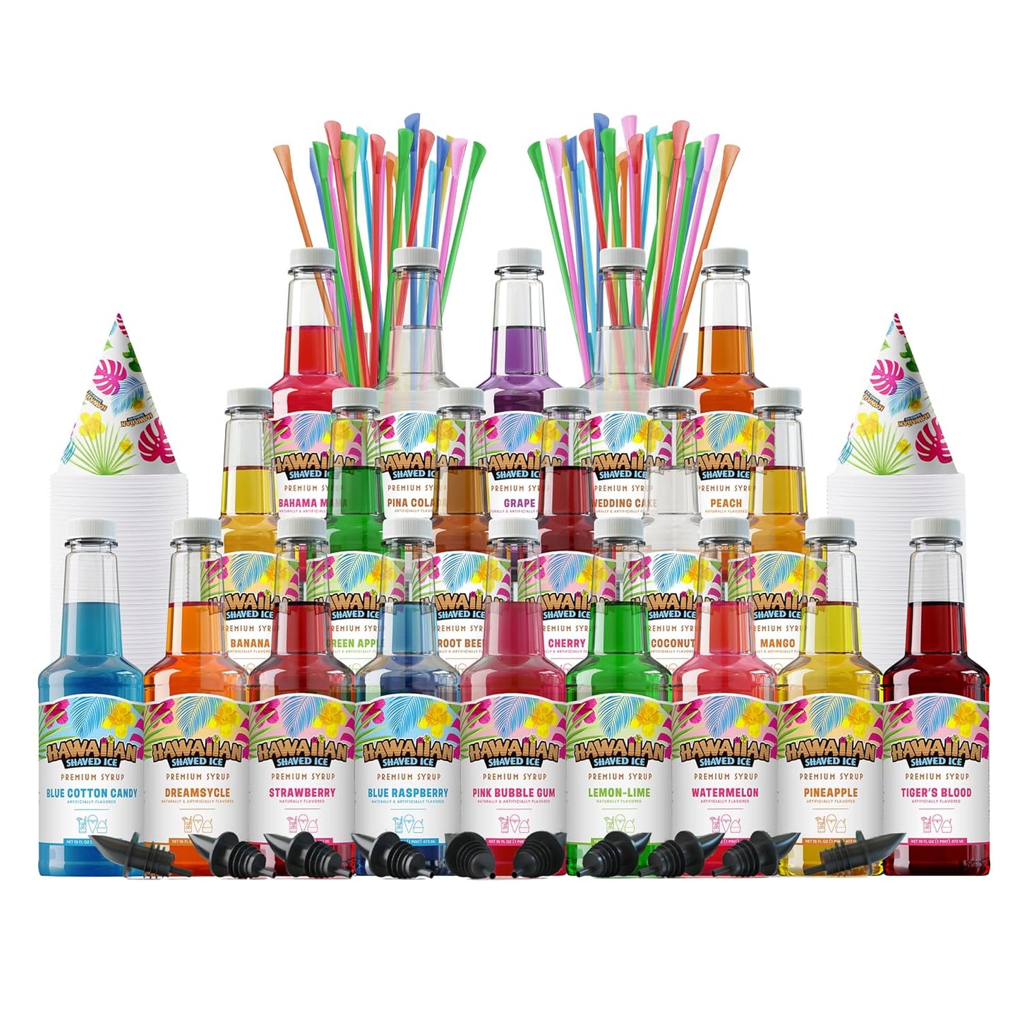Hawaiian Shaved Ice Party Kit with 20 Syrup Flavors in 16Oz. Bottles, 200 Snow Cone Cups, 200 Spoon Straws, and 20 Pouring Spouts. Great for Birthday Parties. Allergy-Friendly