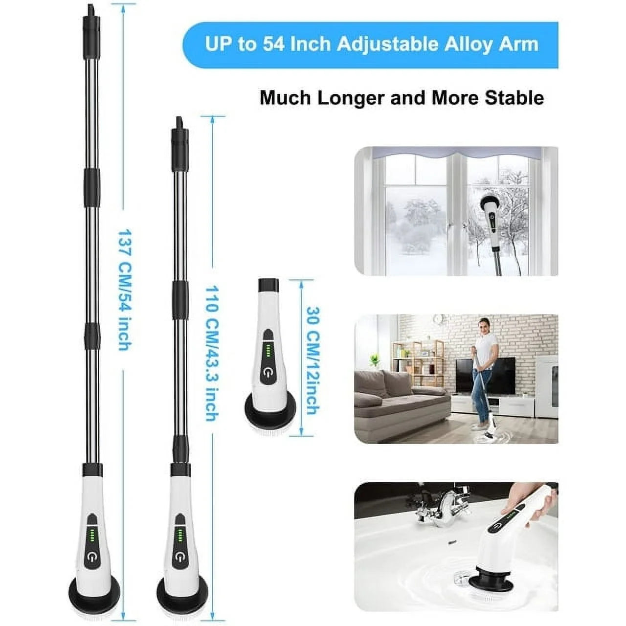 Leebein Electric Spin Scrubber, Cordless Cleaning Brush with 8 Replaceable Brush Heads, Power Scrubber with Adjustable & Detachable Handle for Bathroom Kitchen Car,White