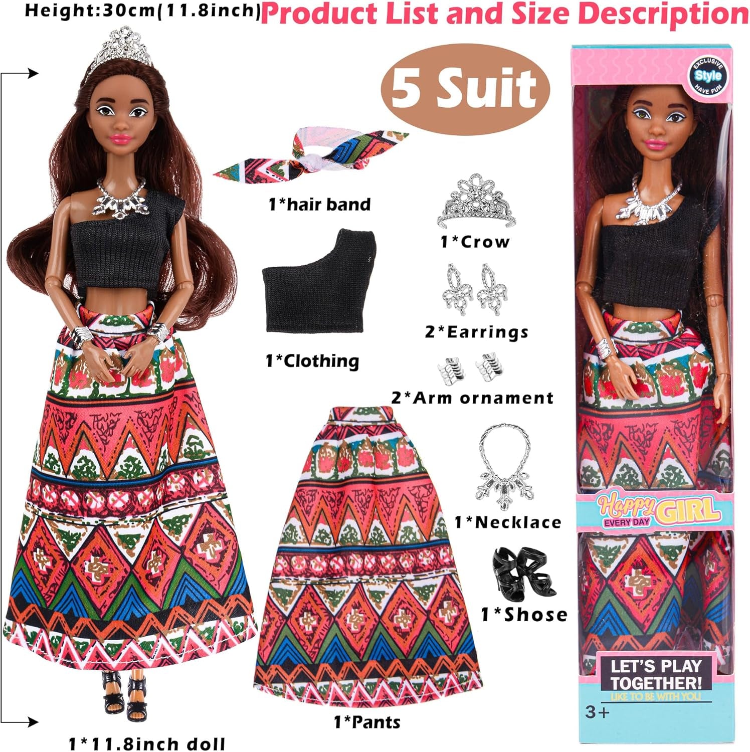 Dollbie 6 Pack African American Fashion Dolls Set with Mix & Match Outfits – 11.5" Posable Black Dolls & 5 Accessories Each (Crown, Necklace, Headscarf & More) + Pink Gift Case