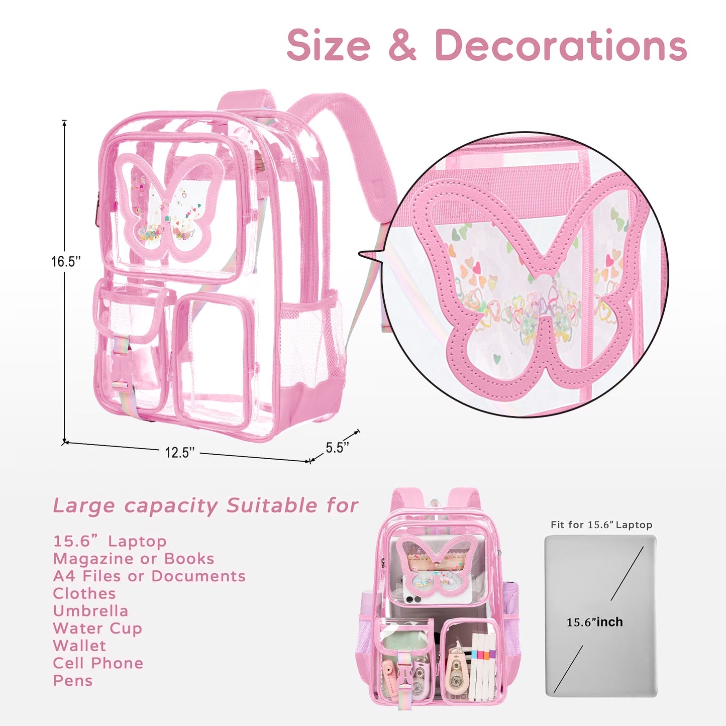 SANMADROLA Clear Backpack Heavy Duty Transparent Bookbag Teen Girlish Cute Bag Large Capacity See through Backpacks Stadium Approved Daypack for Middle School College Sport/Travel, Pink Butterfly