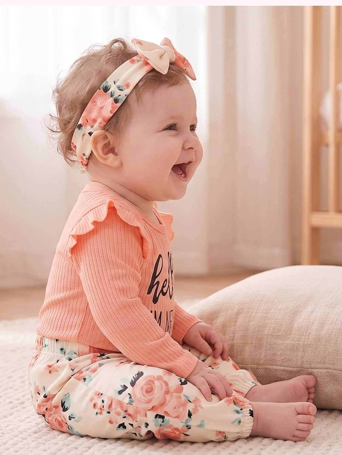 Yvowming Newborn Infant Baby Girl Clothes Outfits Rib Romper Floral Pants with Headband Winter Clothing Set