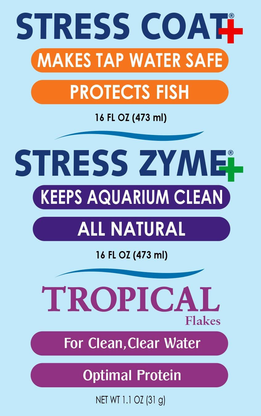 API Aquarium Water Treatment & Trop. Fish Food: Stress Coat 16 Oz, Stress Zyme 16 Oz, Tropical Flakes 1.1 Oz