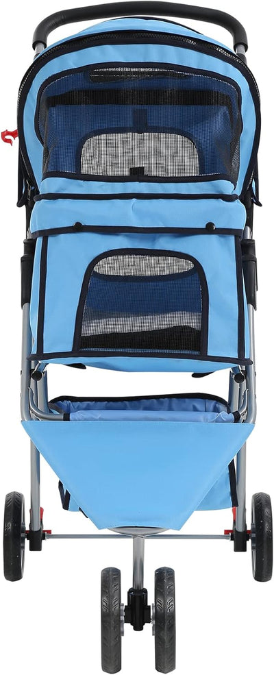Dkeli 3-Wheel Pet Stroller, Lightweight Foldable Dog Stroller for Small Medium Dogs & Cats, Breathable Mesh & Weather Cover with Storage Basket, for Daily Walk Outdoor Travel (Blue)