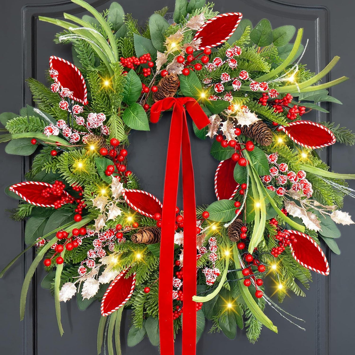 Christmas Wreath with Lights,Outdoor Pre-Lit Christmas Wreaths for Front Door-24 Inch Xmas Door Wreath with Pine Needles Pine Cones and Red Berries- Farmhouse Home Christmas Decorations