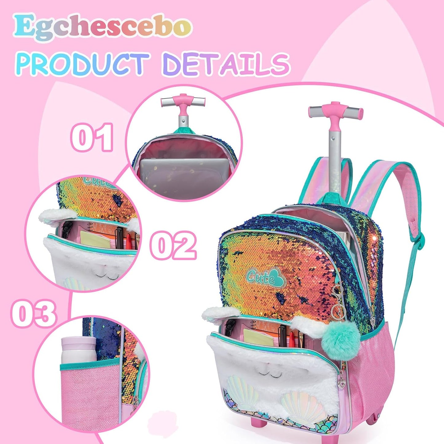 Kids Rolling Cats Backpack for Girls Plush Trolley Suitcases Luggage Travel with Wheels Bookbag Wheeled 17" Roller Backpacks Set Toddler Back Pack School Bags for Elementary Champagne