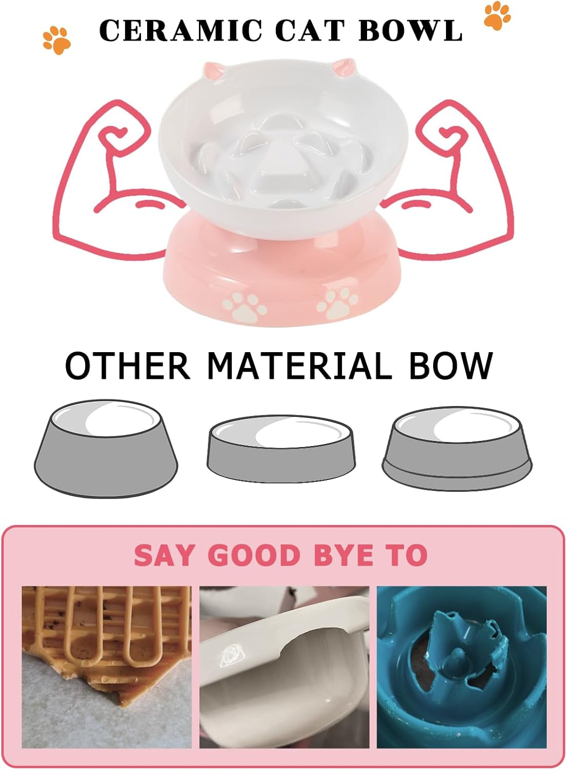 Y YHY Ceramic Slow Feeder Cat Bowl, Elevated Cat Bowl Tilted Design Slow Feeder for Dog and Cat for Dry and Wet Food, Pink