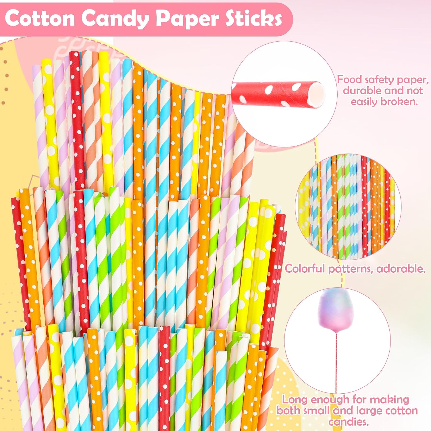 Coitak 100 PCS Cotton Candy Sticks, 100 PCS Cotton Candy Bags with Ties, 13.77 Inch Cotton Candy Sticks Random Colorful Cotton Candy Supplies Paper Straws for Candy Making