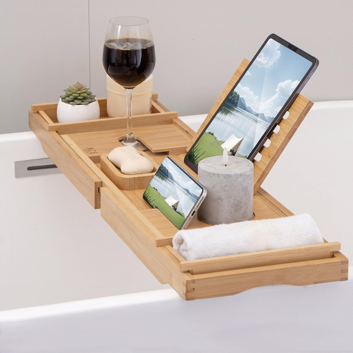 Xce Bamboo Bathtub Caddy Tray - Expandable to 41 Inches with Book Stand, Soap Holder & Anti-Slip Pads for Luxury Bath Spa, Natural