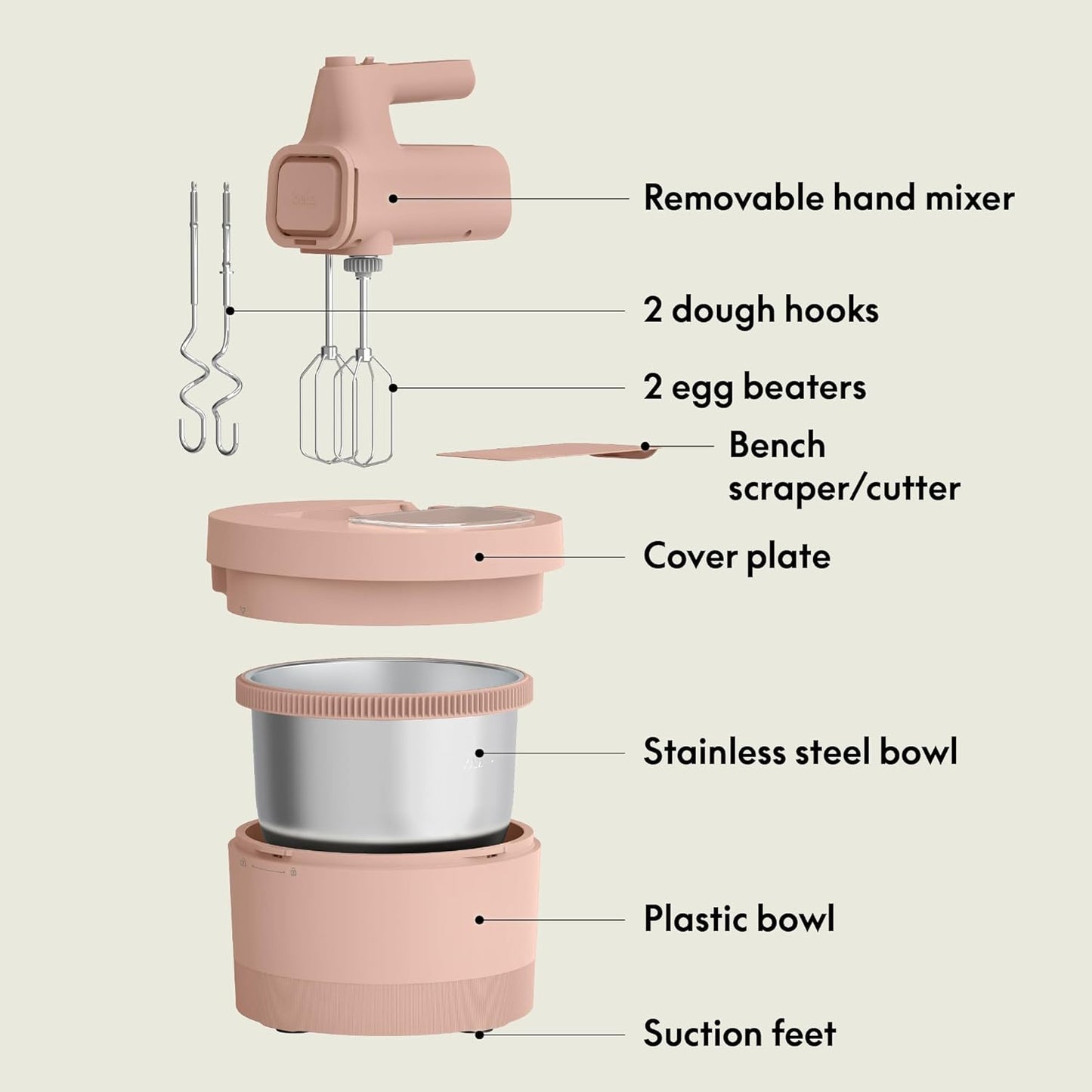 Bella 3.5 Qt Hand & Stand Mixer, 2 in 1 Electric Mixer with Bowl, Dough Hook, Whisk & Egg Beater, Multifunctional Handheld Mixer for Baking, 200 Watt, Blossom