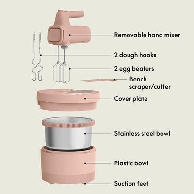 Bella 3.5 Qt Hand & Stand Mixer, 2 in 1 Electric Mixer with Bowl, Dough Hook, Whisk & Egg Beater, Multifunctional Handheld Mixer for Baking, 200 Watt, Blossom