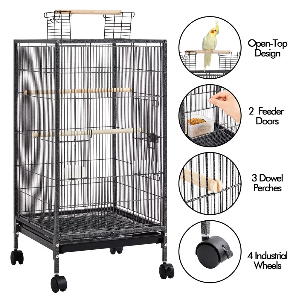 Yaheetech 40" H Wrought Iron Bird Cage with Open-Top Design & Rolling Stand Black
