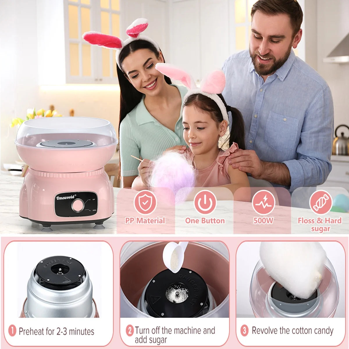 Cotton Candy Machine,Pink Cotton Candy Maker 500W Candy Floss Sugar Maker Machine Birthday Party Gift