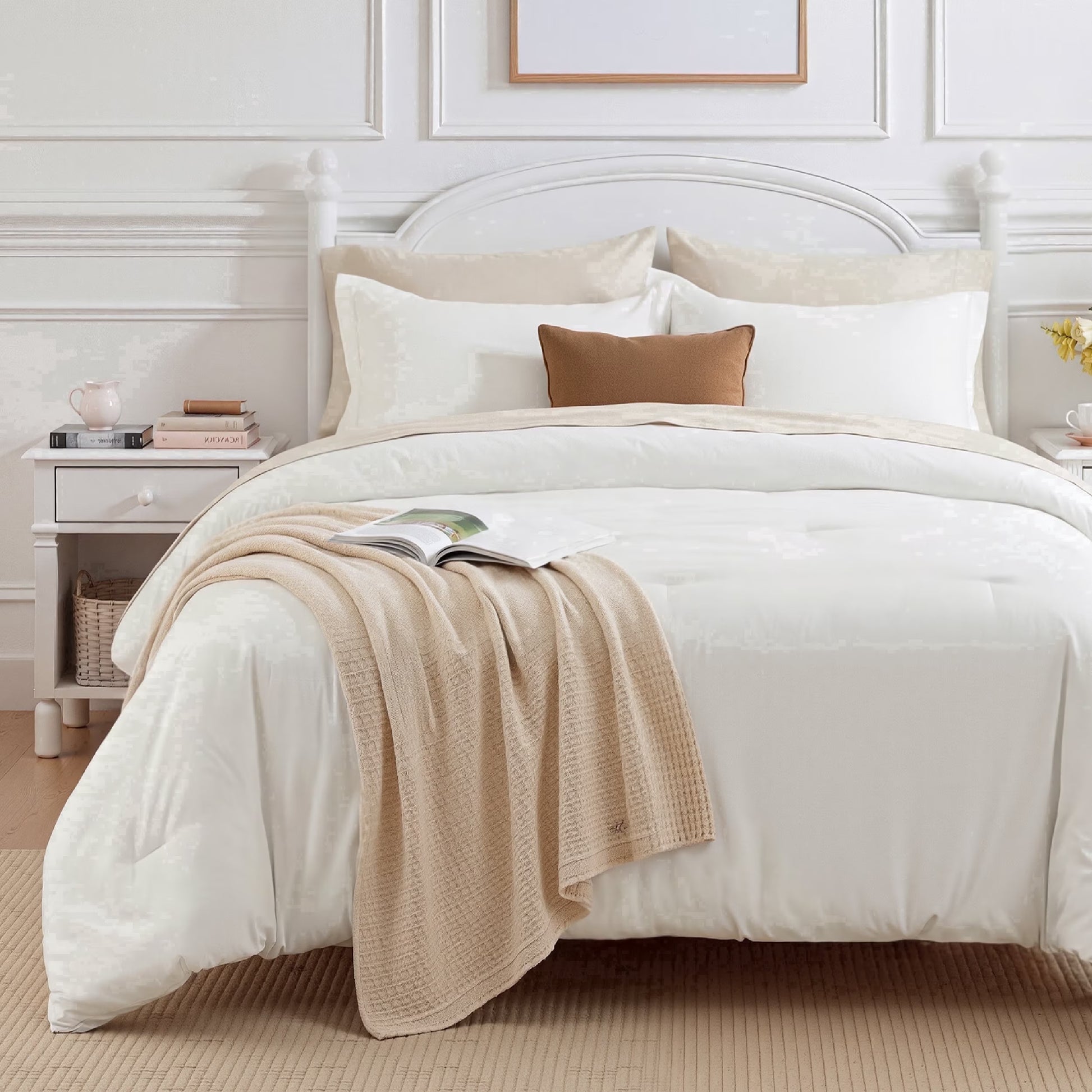 U by Bedsure Twin Comforter Set Coconut Milk, 5 Pieces Reversible Bed in a Bag, Boho Lightweight Dorm Bedding Set, Contrasting Design