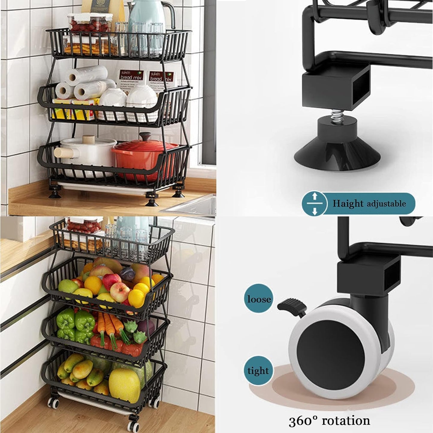 Carolyndesign Kitchen Storage Baskets Black Iron Wire Storage Bins with Wheels and Feet, Stackable Vegetable Storage Baskets (6-Tier Baskets)