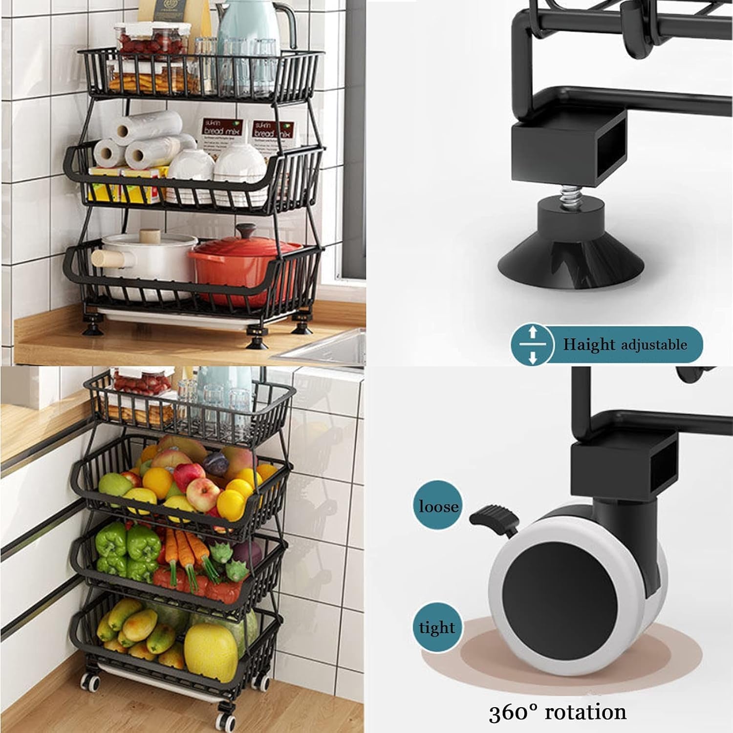 Carolyndesign Kitchen Storage Baskets Black Iron Wire Storage Bins with Wheels and Feet, Stackable Vegetable Storage Baskets (6-Tier Baskets)