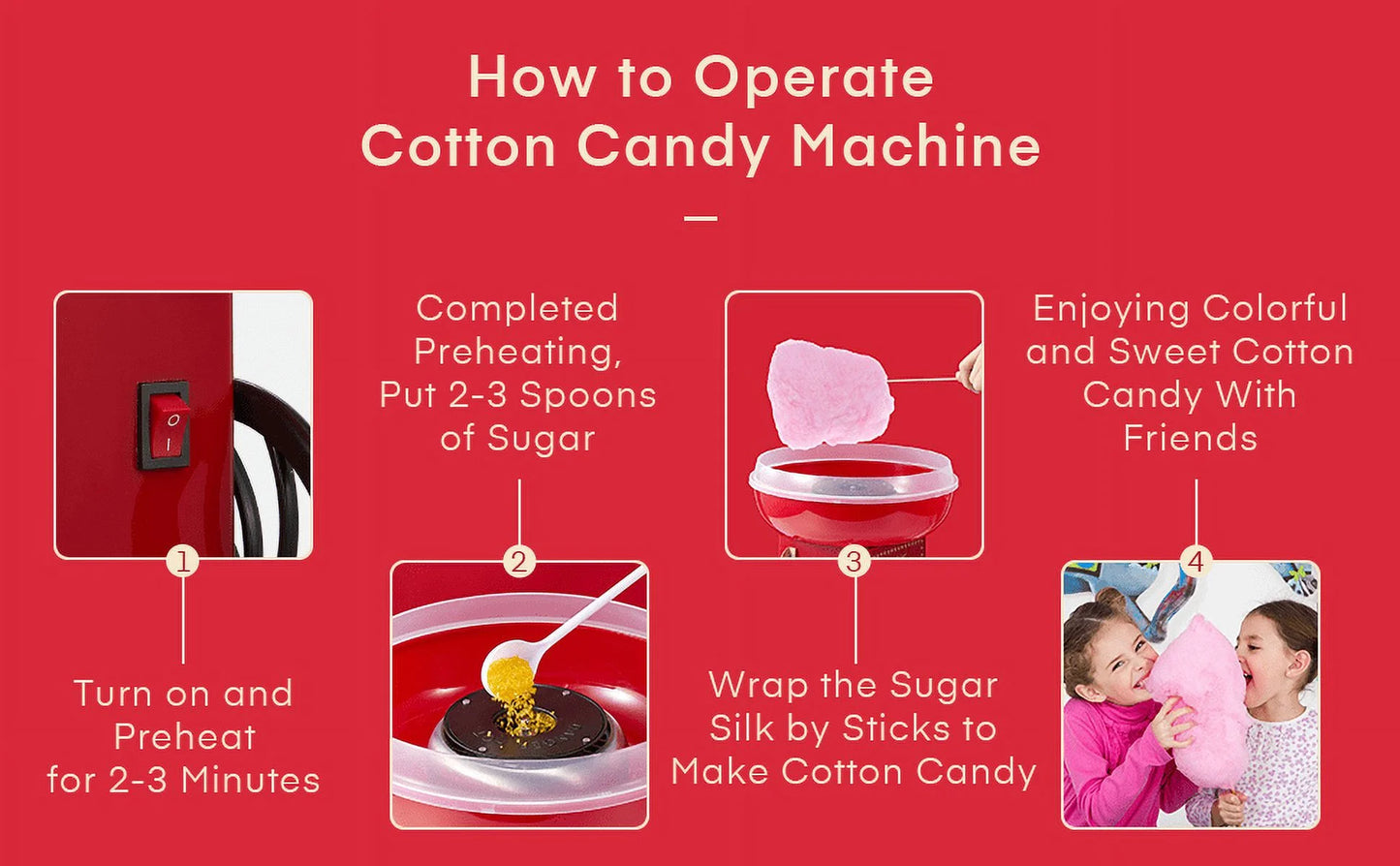 Cotton Candy Machine, Cotton Candy Maker for Kids with Candy Spoon and 10 Candy Sticks, Christmas Red, FOHERE