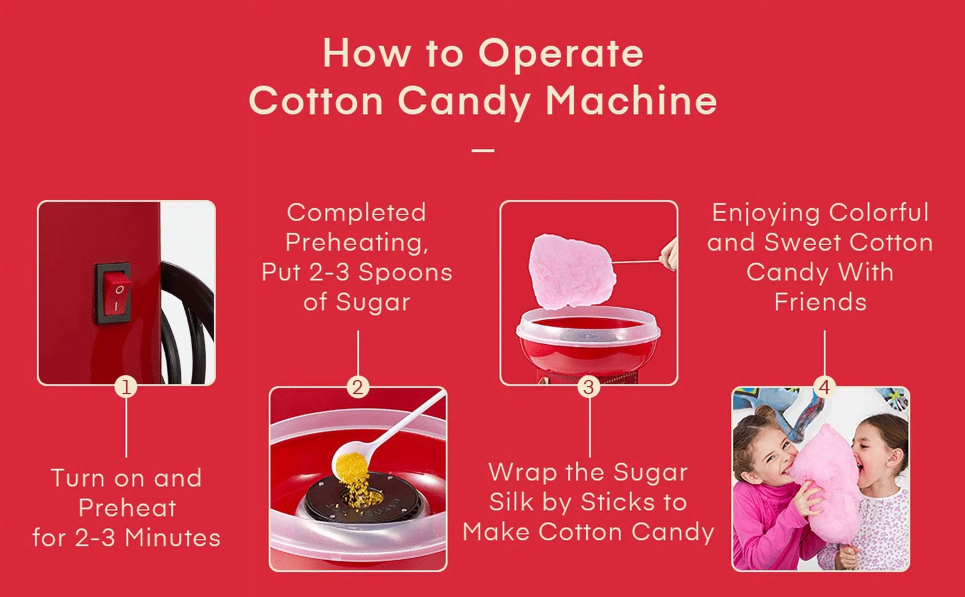 Cotton Candy Machine, Cotton Candy Maker for Kids with Candy Spoon and 10 Candy Sticks, Christmas Red, FOHERE