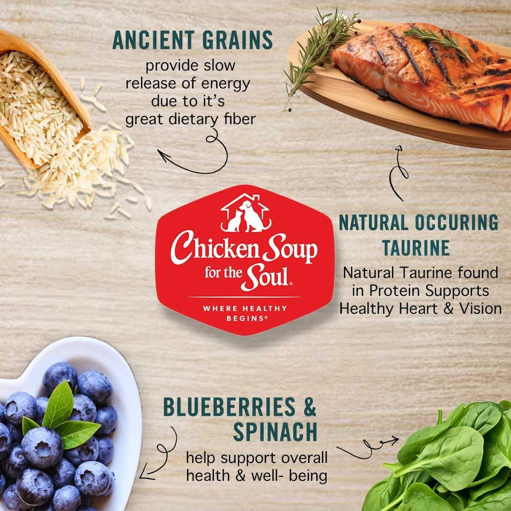 Chicken Soup for the Soul All Natural Premium Adult Dry Cat Food, Real Meat First Ingredient, No By-Products, Supports Heart, Gut & Immune Health, Salmon & Brown Rice, 12Lb