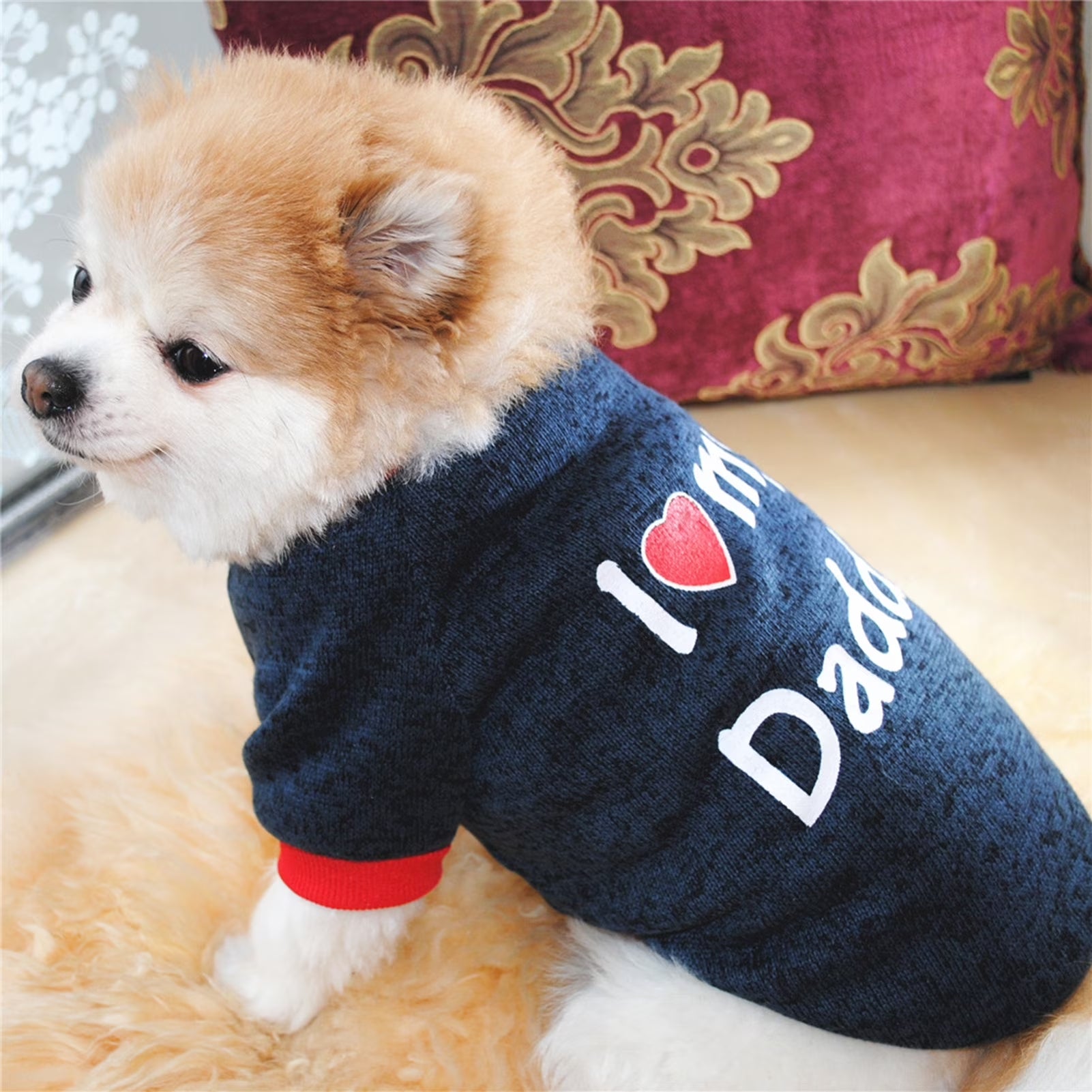 ZDWQFA Dog Sweater Clothes, I Love My Daddy/Mommy Printed Fleece Pullover Shirt, Autumn Winter Warm Costume for Pet Dog Puppy