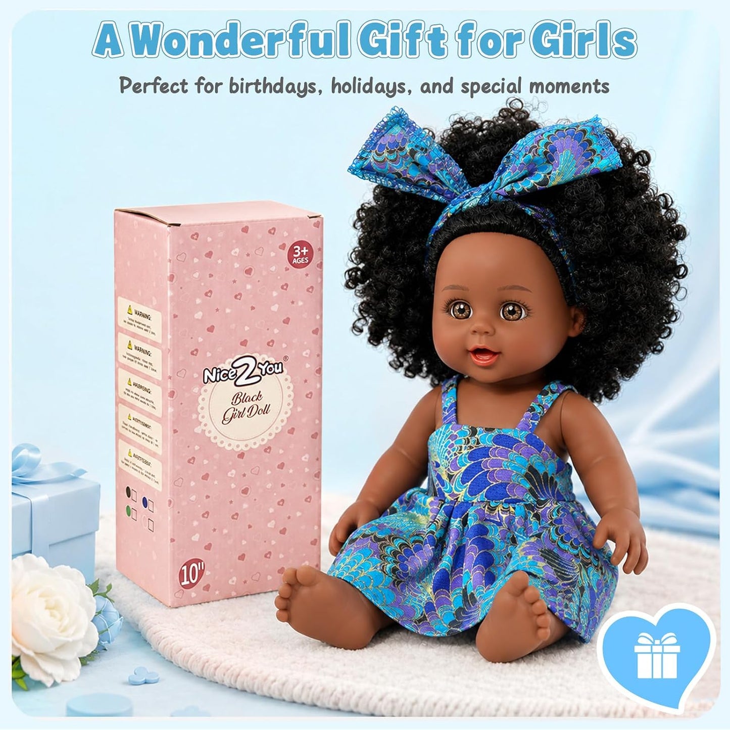 Nice2You Black Baby Doll for Girl, 10 Inch African American Black Doll with Dress, Reborn Realistic Baby Doll for Kids Aged 3-6 Years Old, Small Silicone Black Doll Toy with Curly Hair for Birthday