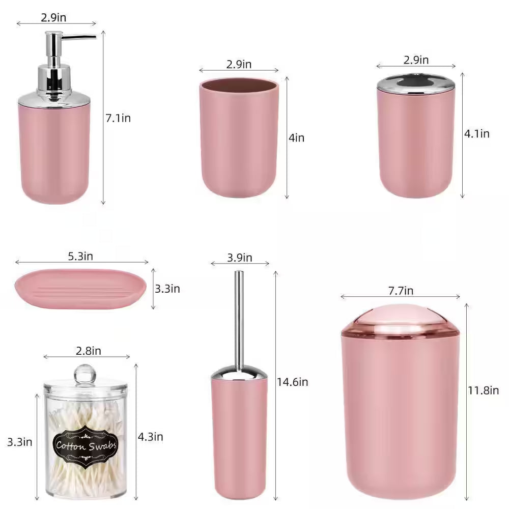 8-Piece Bathroom Accessory Set with Trash Can,Soap Dish,Toothbrush Holder,Cup,Toilet Brush Holder in Pink with Labels