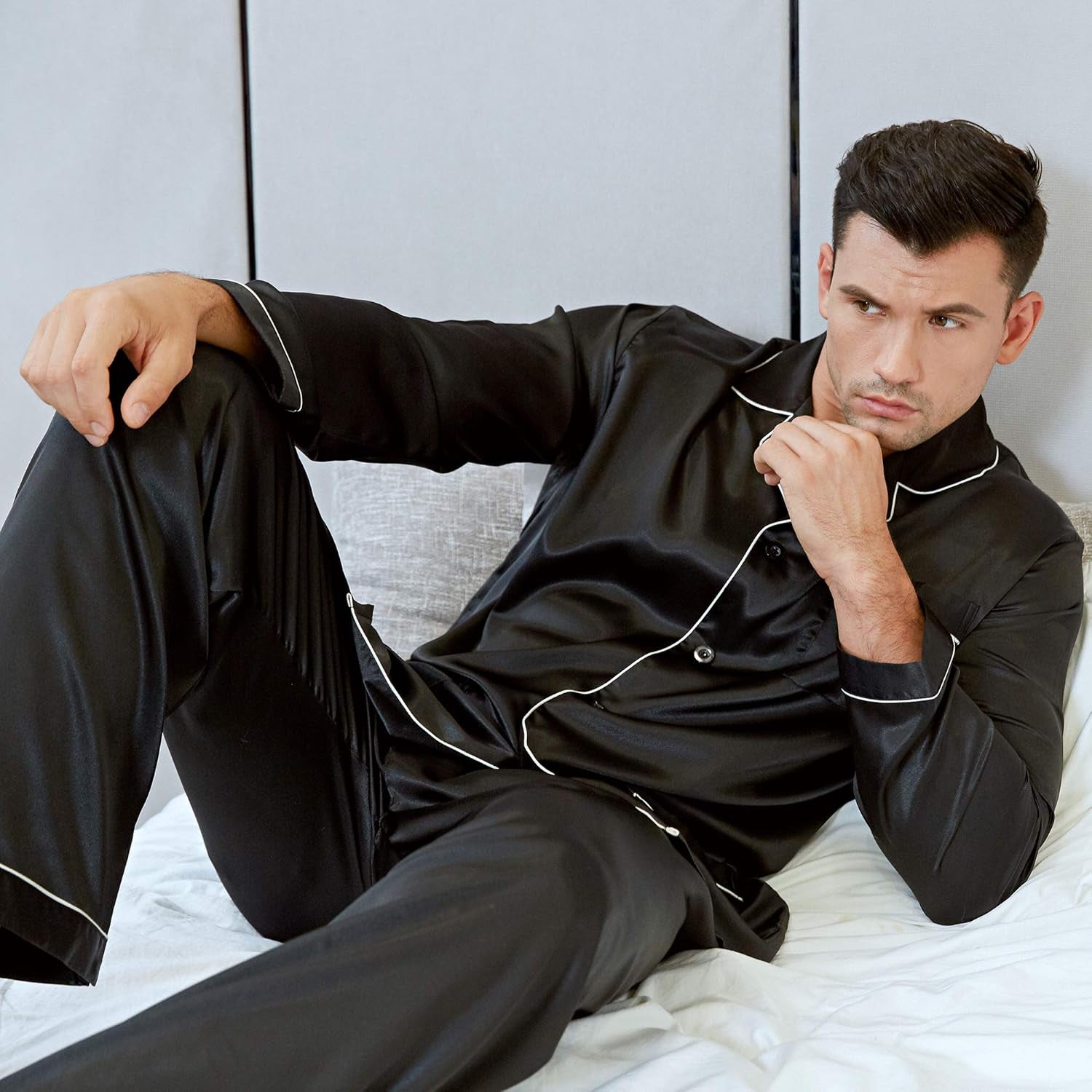Lonxu Pajamas Set Mens Silk Satin Pajamas Long Sleeve Loungewear Two-Piece Sleepwear Button-Down Pj Set S-XXXXL