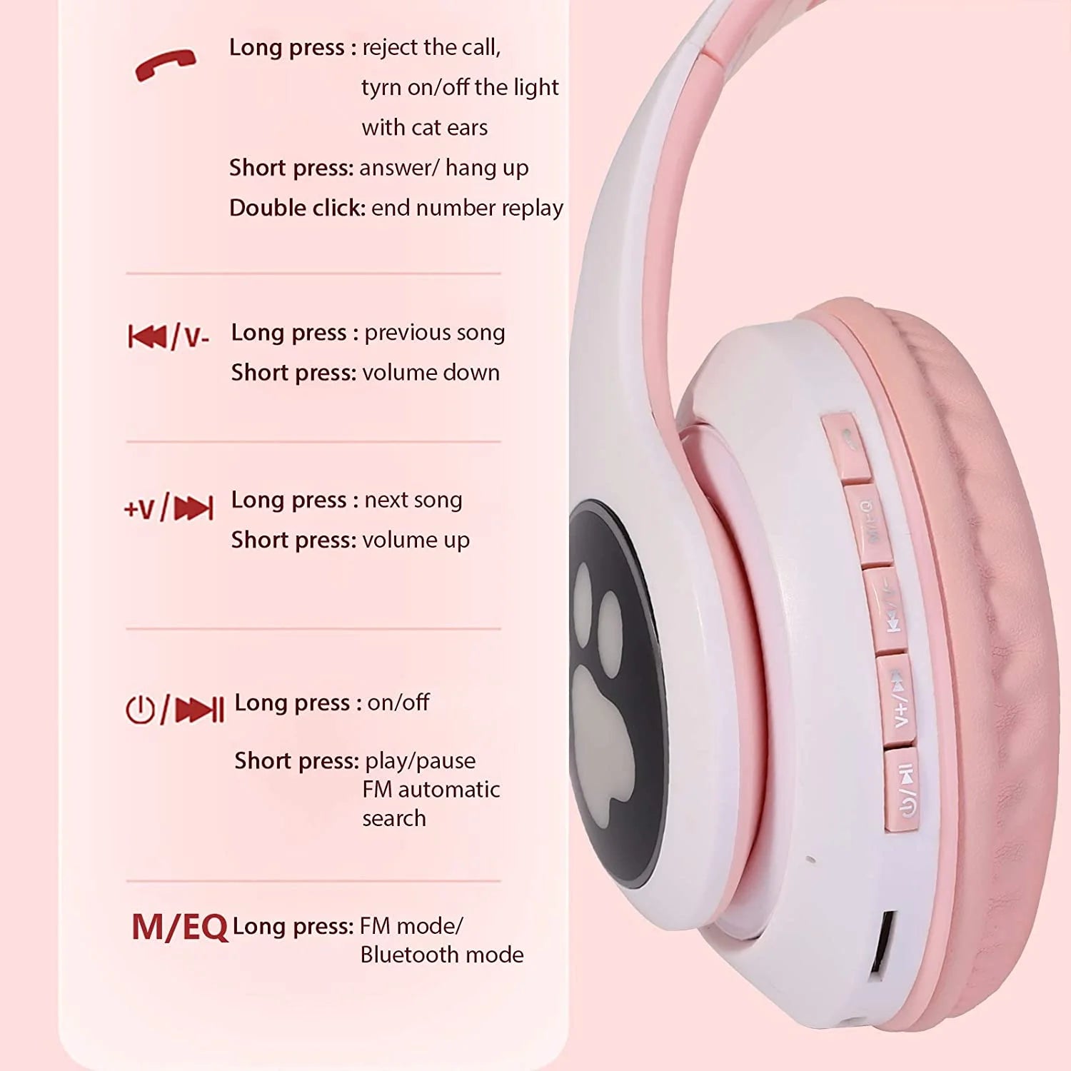 TCJJ Kids Wireless Headphones Cat Ear LED Light up Bluetooth Foldable Headphones over Ear W/Microphone for Online Distant Learning (Pink)