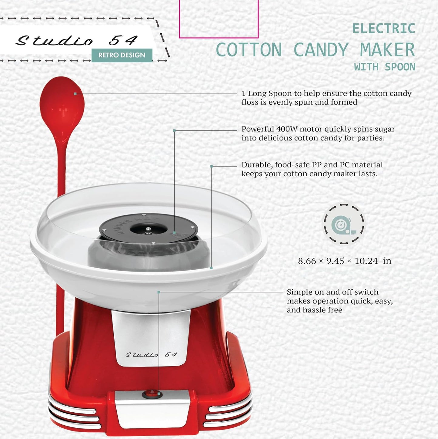 Retro Cotton Candy Machine with Spoon – Cotton Candy Maker for Home, Easy-Use Cotton Candy Machine for Kids, Durable Vintage Design, BPA & Lead-Free, Metallic Red