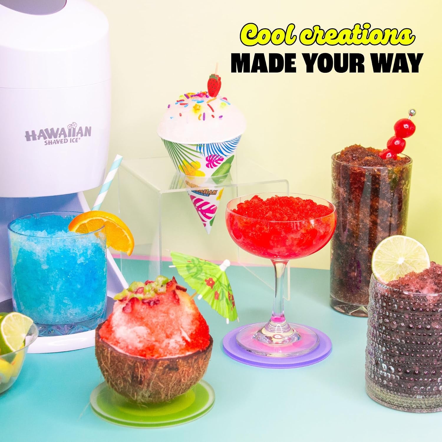 Hawaiian Shaved Ice Party Kit with 20 Syrup Flavors in 16Oz. Bottles, 200 Snow Cone Cups, 200 Spoon Straws, and 20 Pouring Spouts. Great for Birthday Parties. Allergy-Friendly