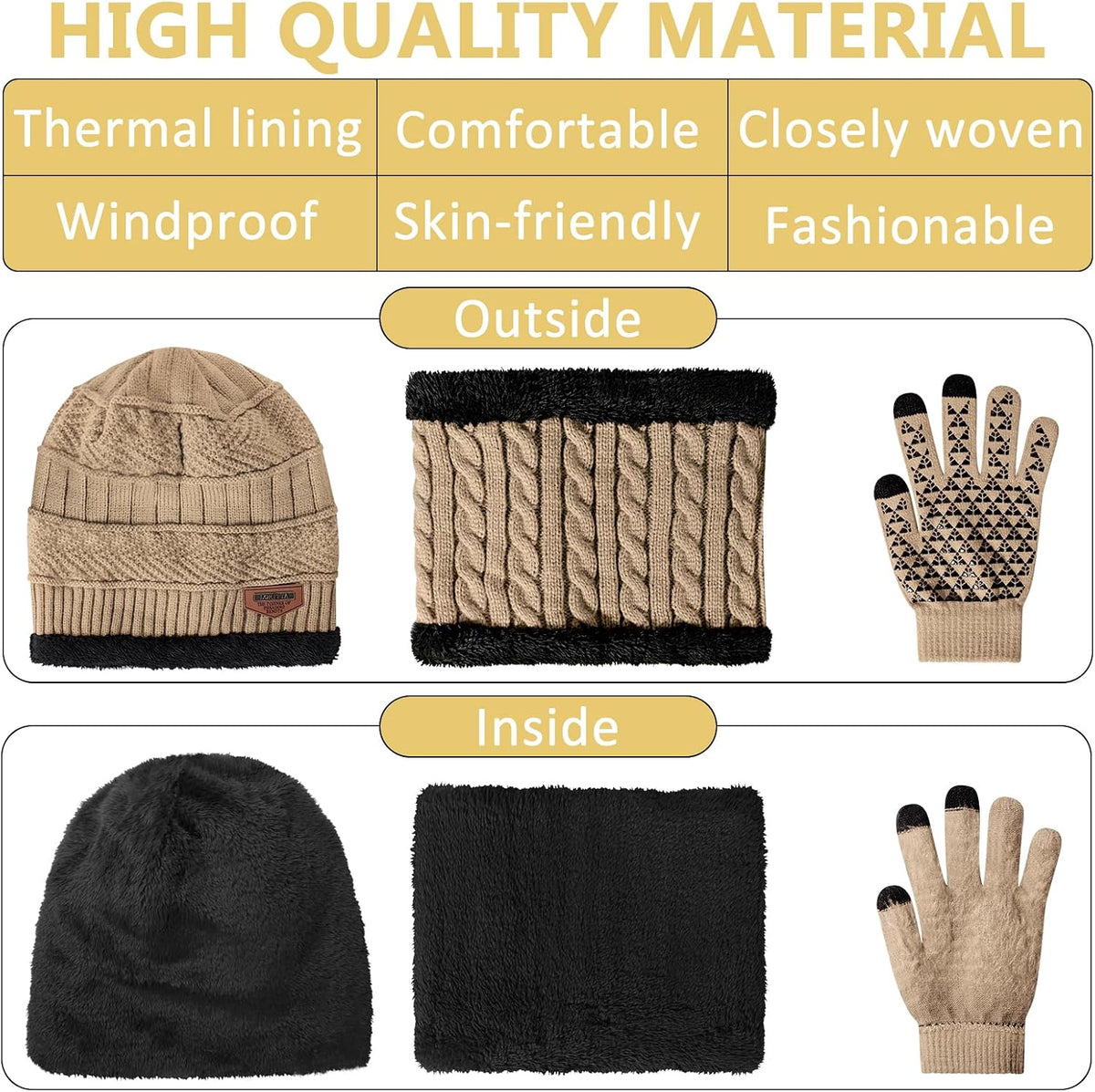 Loritta Winter Hats for Men, 3 PCS Fleece Beanie Scarf Gloves Set