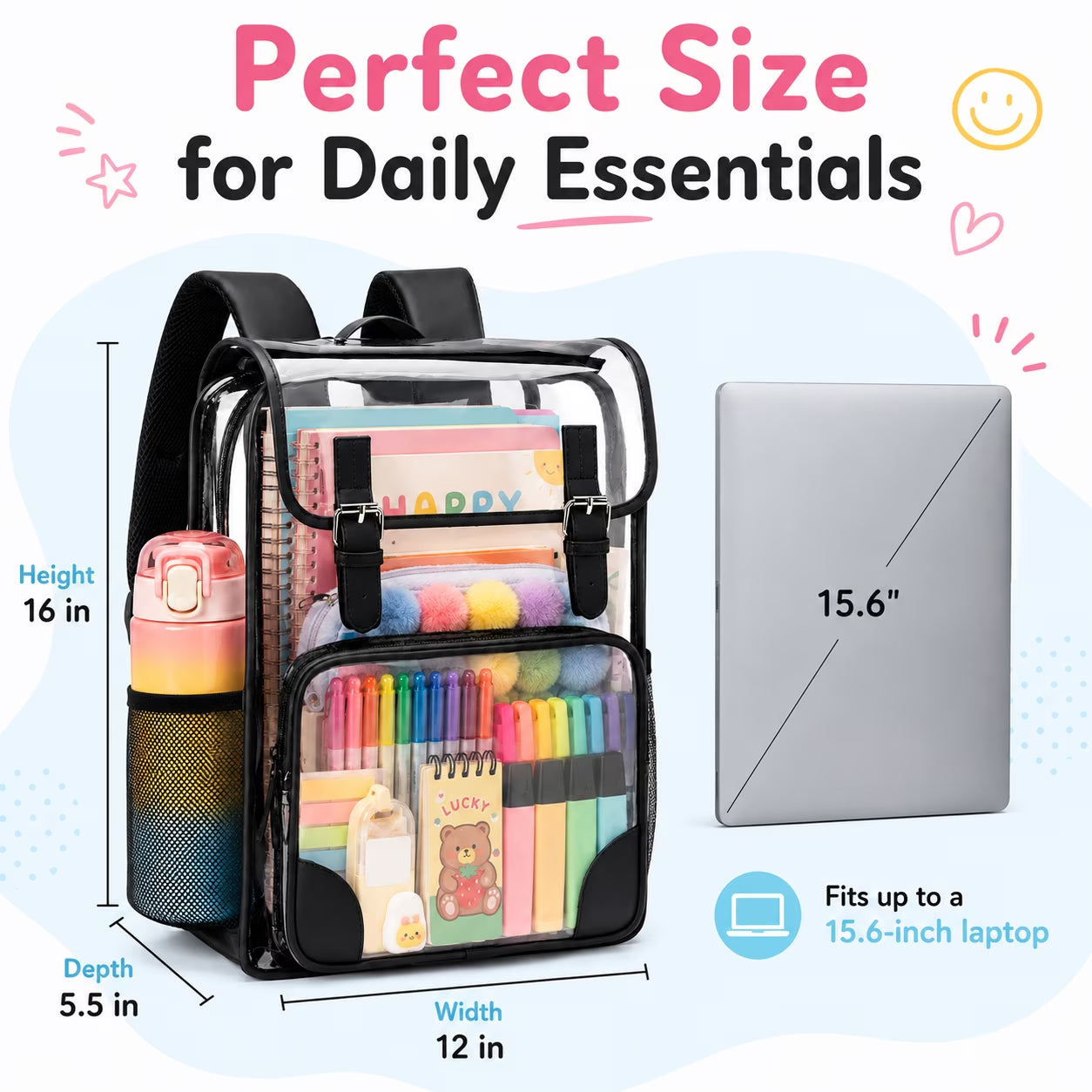 DAKIMOE Clear Backpack for School Stadium Bookbag Transparent Book Bag Large 17''