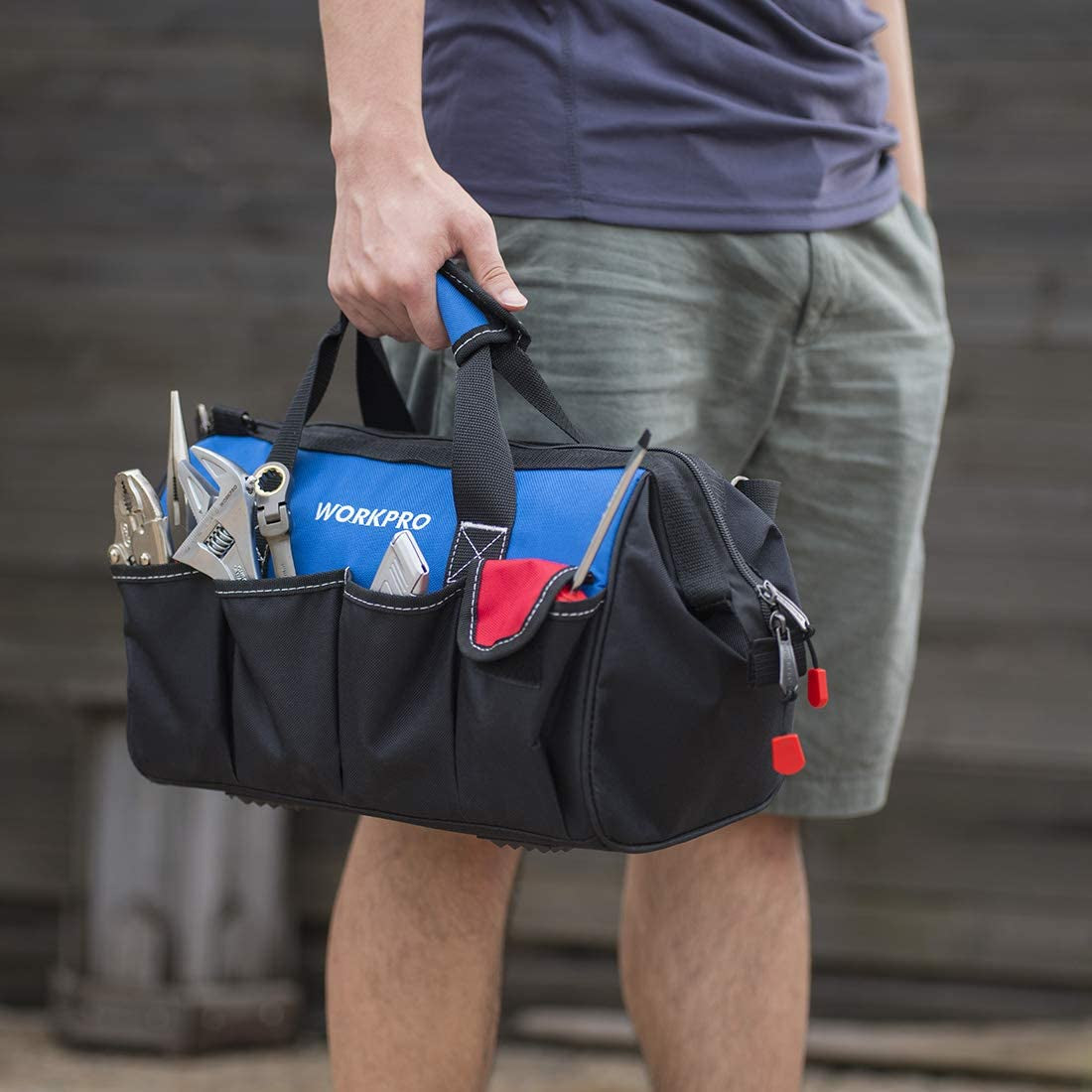 WORKPRO 14-Inch Tool Bag, Multi-Pocket Tool Organizer with Adjustable Shoulder Strap