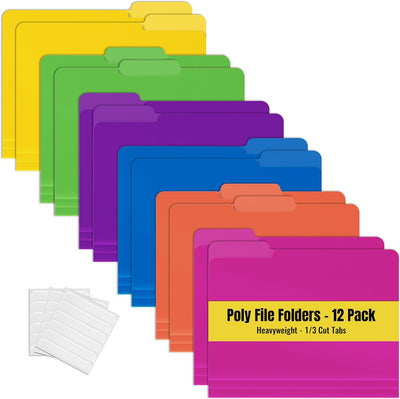 Better Office Products Heavyweight Poly File Folders, 1/3 Cut Tabs, 12 Pack, Assorted Colors, Letter Size, with Adhesive Labels,