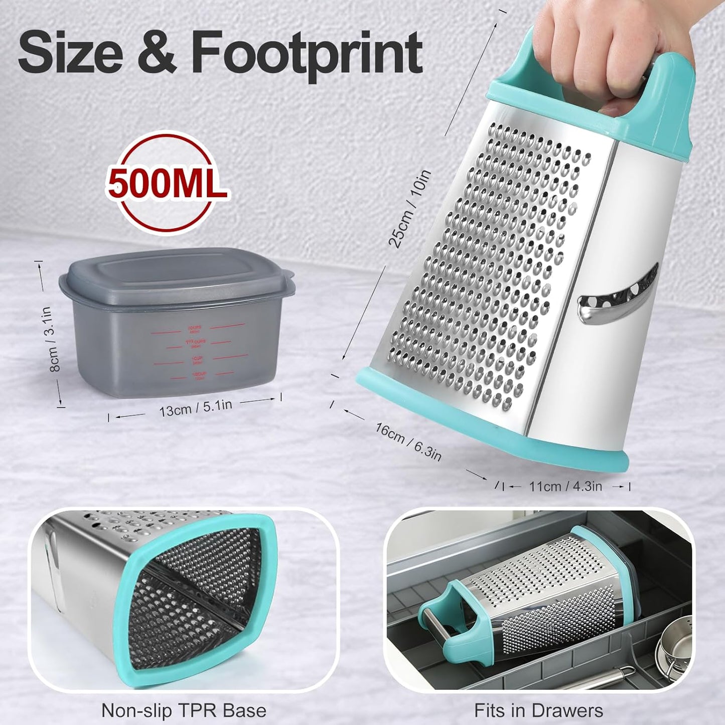 Ourokhome Cheese Grater with Handle, Stainless Steel Box Grater, 4 Side Kitchen Vegetable Shredder Slicer Zester with Container for Parmesan, Cabbage, Ginger, Lemon, Chocolate, Coconut (Teal Black)