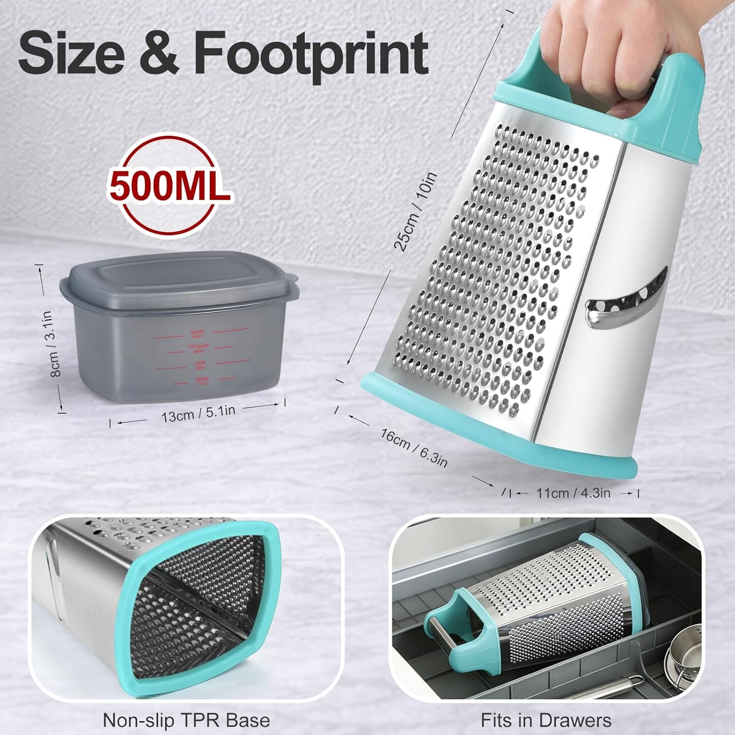 Ourokhome Cheese Grater with Handle, Stainless Steel Box Grater, 4 Side Kitchen Vegetable Shredder Slicer Zester with Container for Parmesan, Cabbage, Ginger, Lemon, Chocolate, Coconut (Teal Black)
