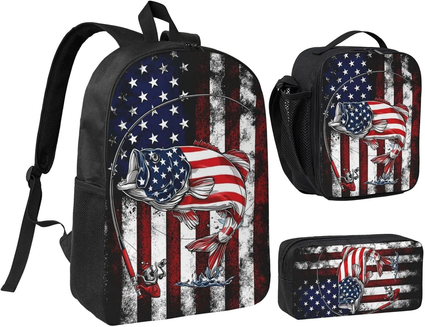 USA Fish Kid Backpack Set with Lunch Bag & Pencil Case Large Capacity School Bag 17 Inch Bookbag for Boy Girl