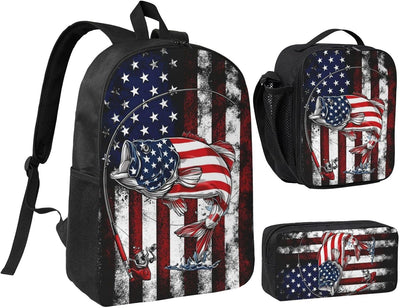USA Fish Kid Backpack Set with Lunch Bag & Pencil Case Large Capacity School Bag 17 Inch Bookbag for Boy Girl