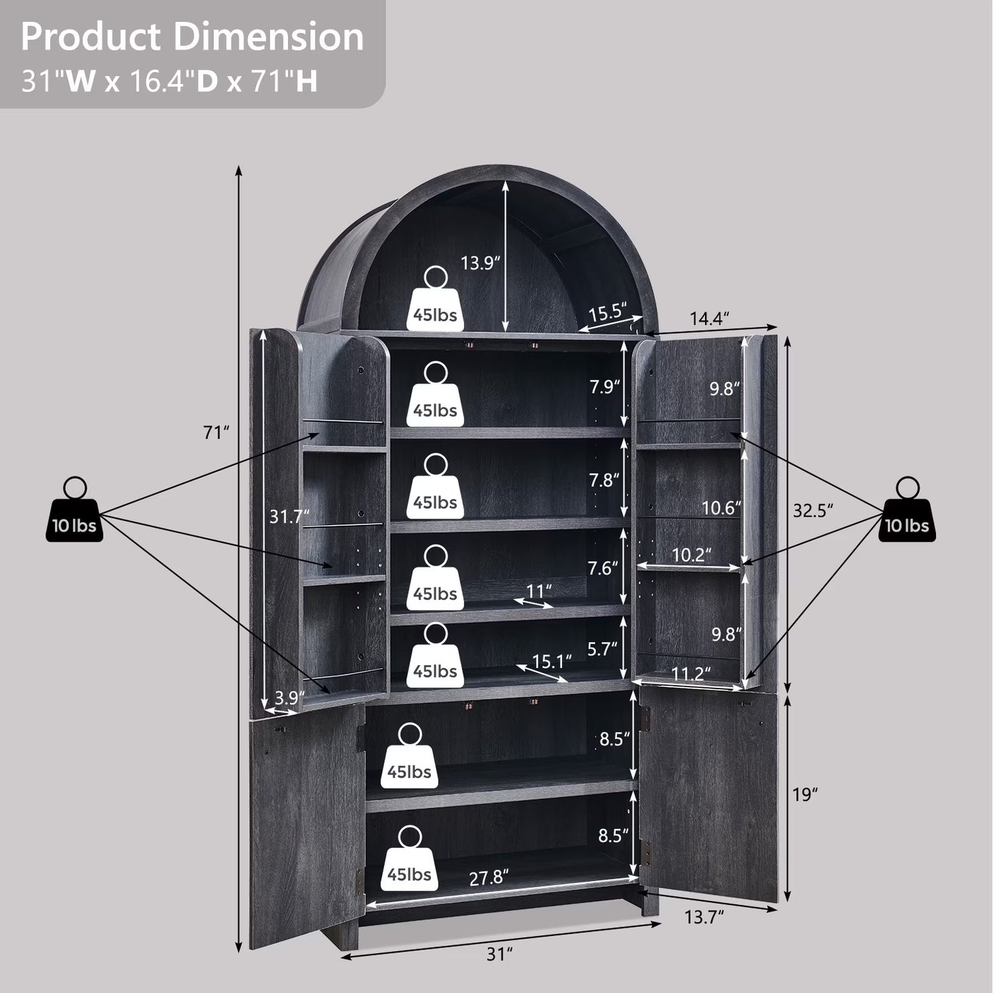 Sincido Arched Pantry Storage Cabinet with 4 Fluted Wood Doors, 71" Modern Kitchen Organizer with 6 Doors Shelves & Adjustable Shelves, Versatile Cupboard for Kitchen Dining Room