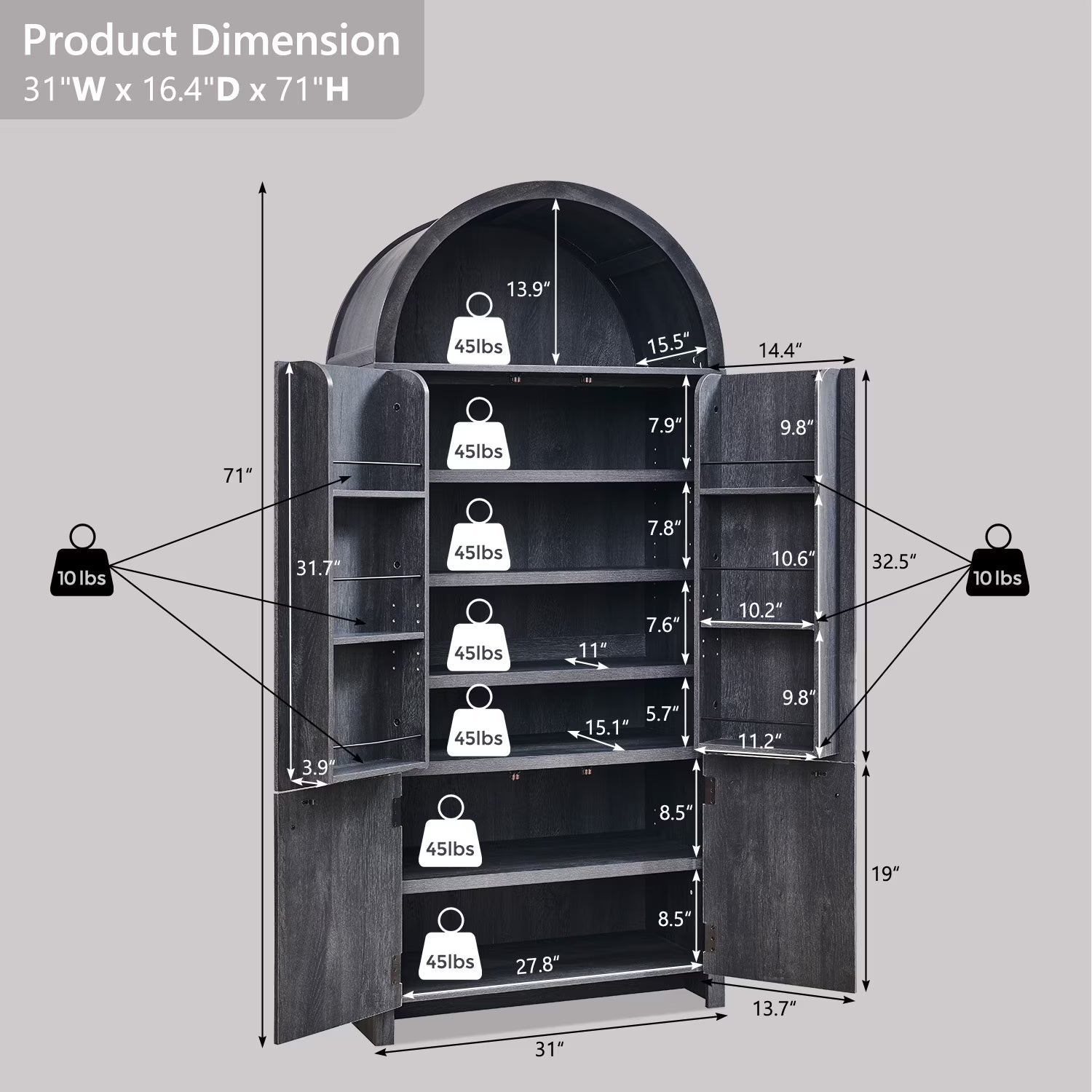 Sincido Arched Pantry Storage Cabinet with 4 Fluted Wood Doors, 71" Modern Kitchen Organizer with 6 Doors Shelves & Adjustable Shelves, Versatile Cupboard for Kitchen Dining Room