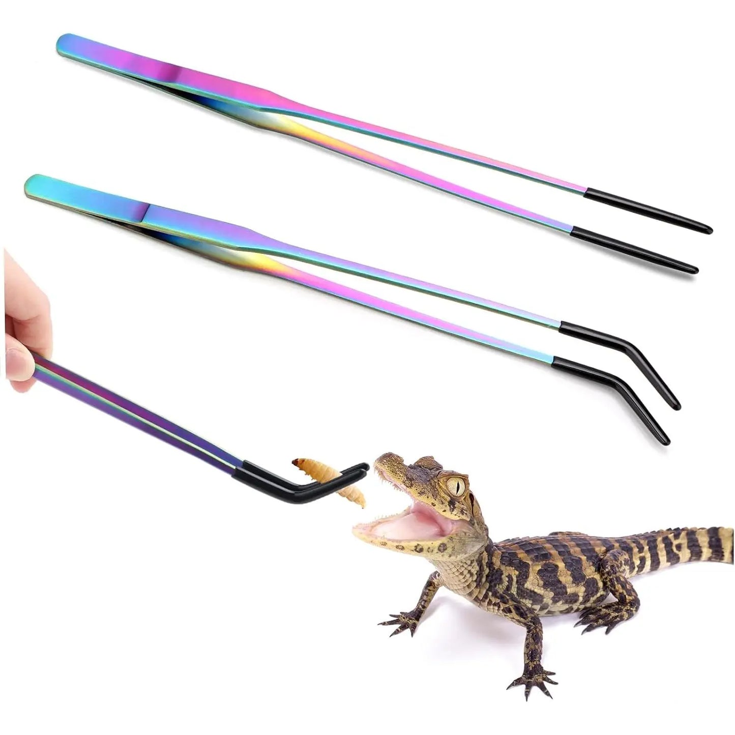 2 Count Stainless Steel Reptile Feeding Tongs with Rubber Tip, 10.6" Straight & Curved Long Tweezers, for Aquariums & Crafts - Ideal Bearded Dragon & Snake Tank Accessories, Terrarium Supplies