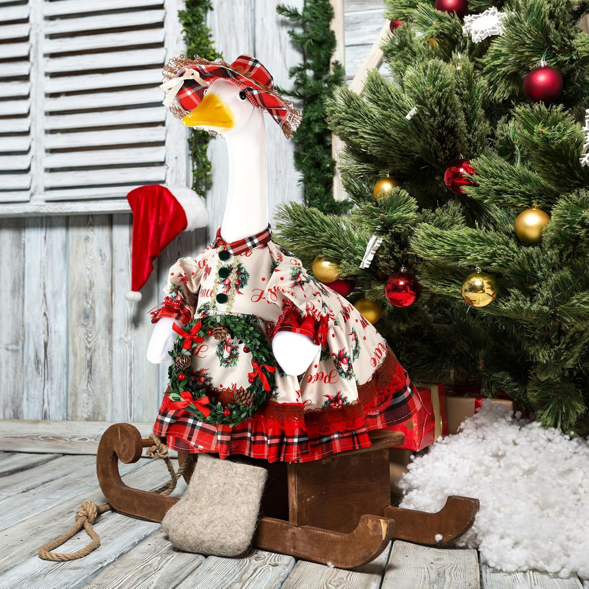 Suzile Christmas Wreath Porch Goose Outfit, 23 Inch Cement Plastic Geese